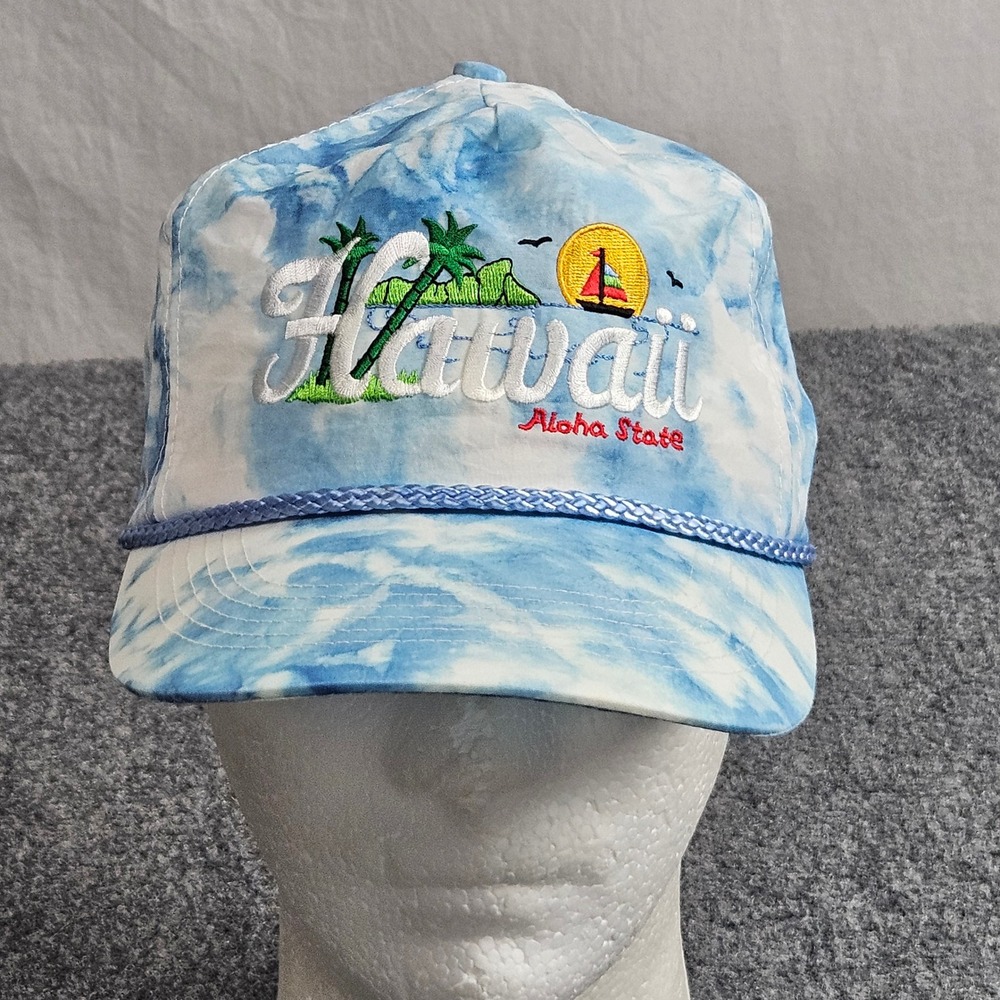 Vintage 80s Hawaii Aloha State Snapback Rope Hat Blue Tie Dye Nylon Snapback Cap